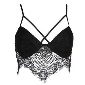 Dance & Marvel Black Eyelash Lace Strappy Nylon Bralette Bra- size M